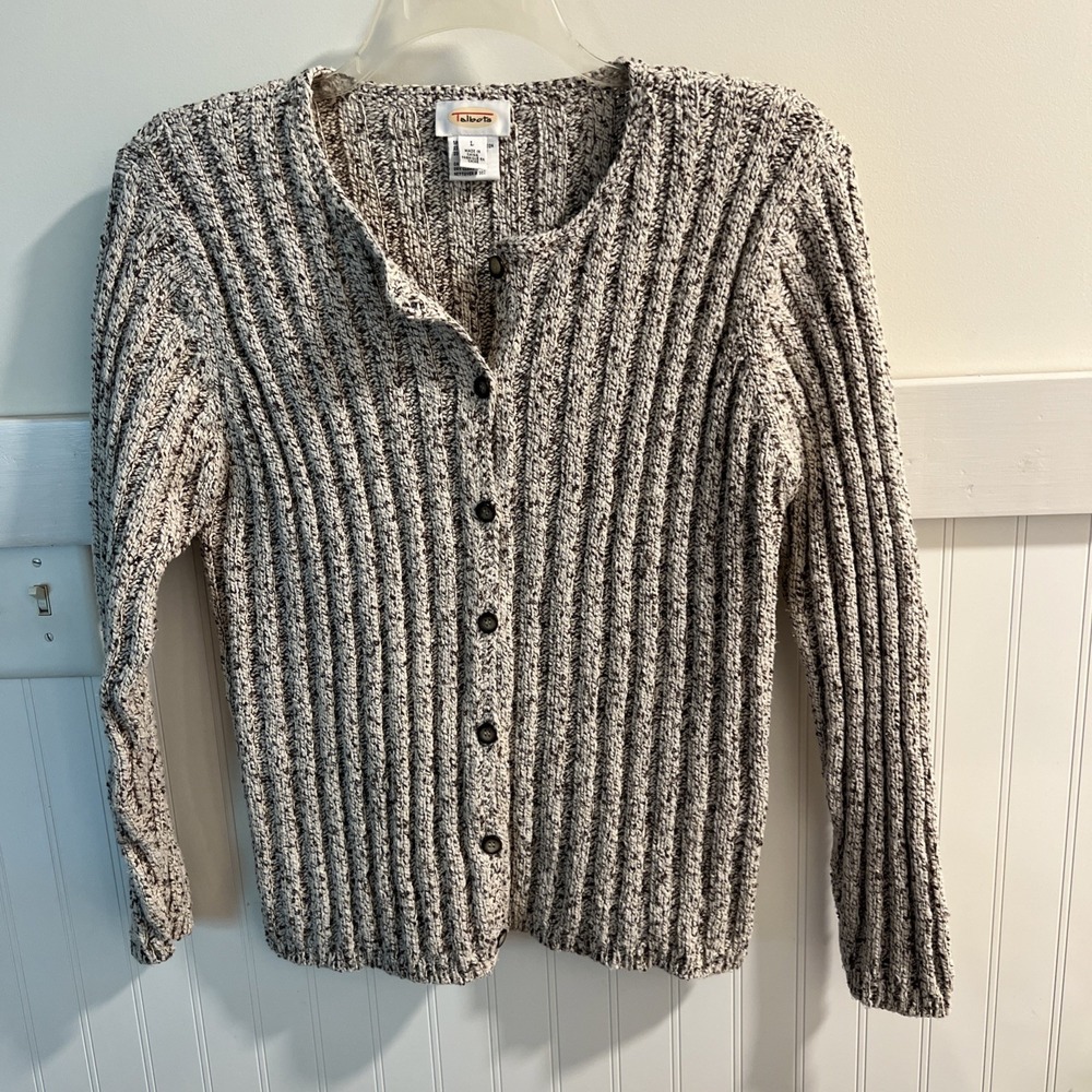 Talbots Silk Blend Cardigan Sweater Large Chunky Ribbed Knit Marled L Granola